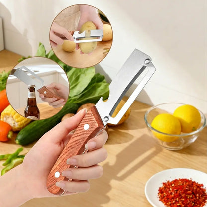 Set of 2 Ergonomic Wooden-Handled Vegetable and Fruit Peelers with Stainless Steel Blades and Integrated Bottle Opener