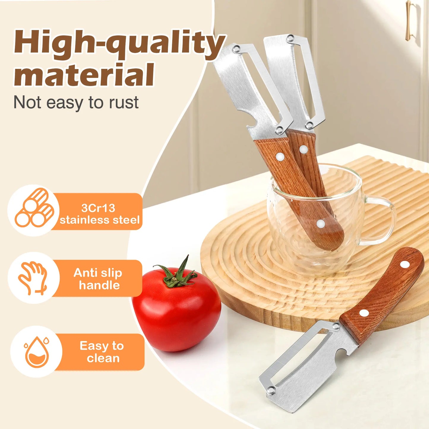 Set of 2 Ergonomic Wooden-Handled Vegetable and Fruit Peelers with Stainless Steel Blades and Integrated Bottle Opener
