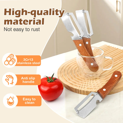 Set of 2 Ergonomic Wooden-Handled Vegetable and Fruit Peelers with Stainless Steel Blades and Integrated Bottle Opener