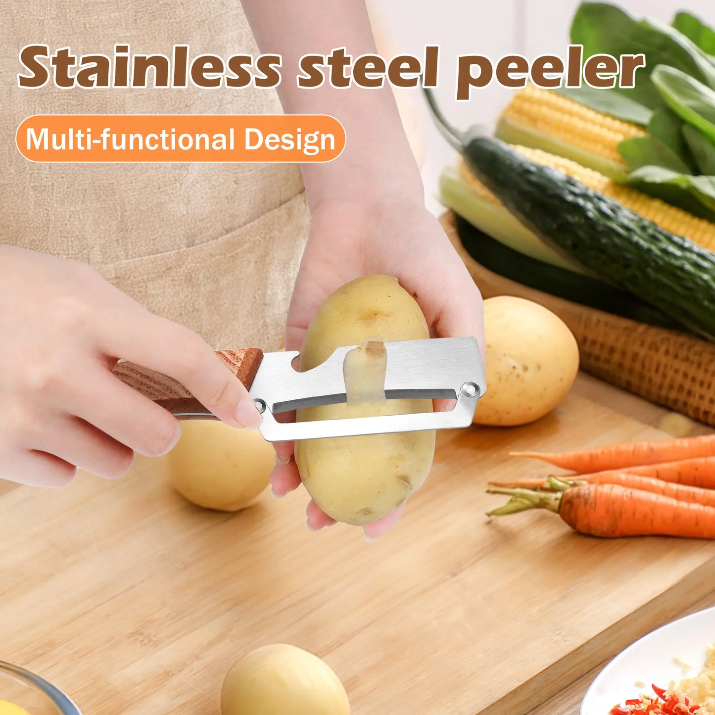 Set of 2 Ergonomic Wooden-Handled Vegetable and Fruit Peelers with Stainless Steel Blades and Integrated Bottle Opener