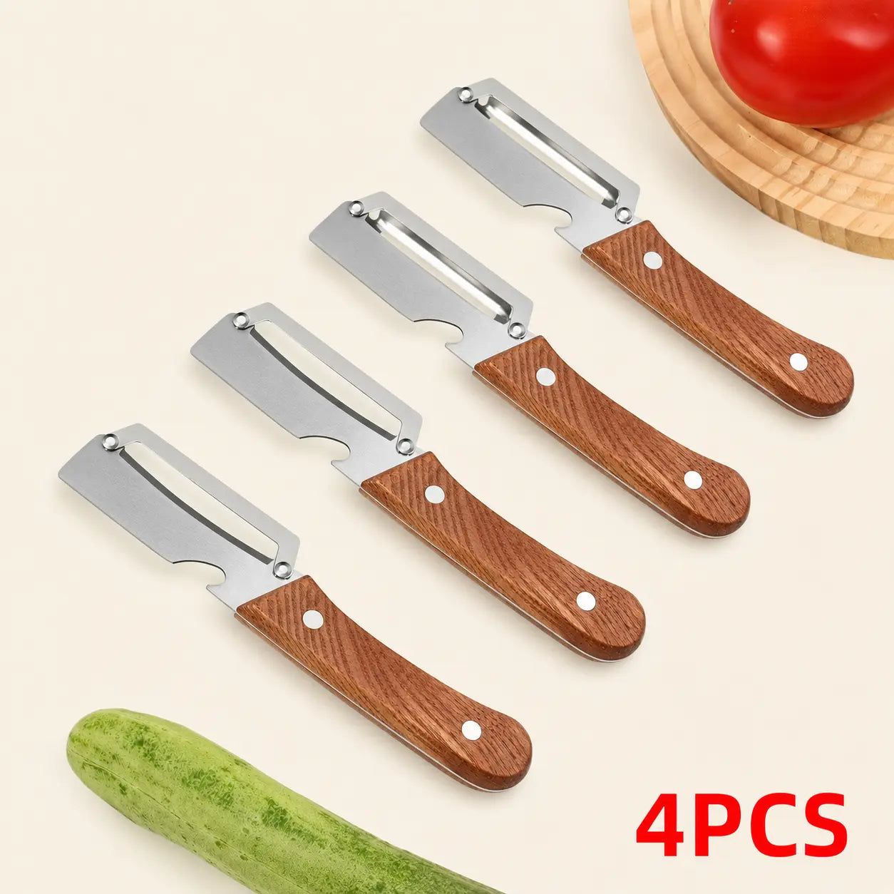 Set of 2 Ergonomic Wooden-Handled Vegetable and Fruit Peelers with Stainless Steel Blades and Integrated Bottle Opener