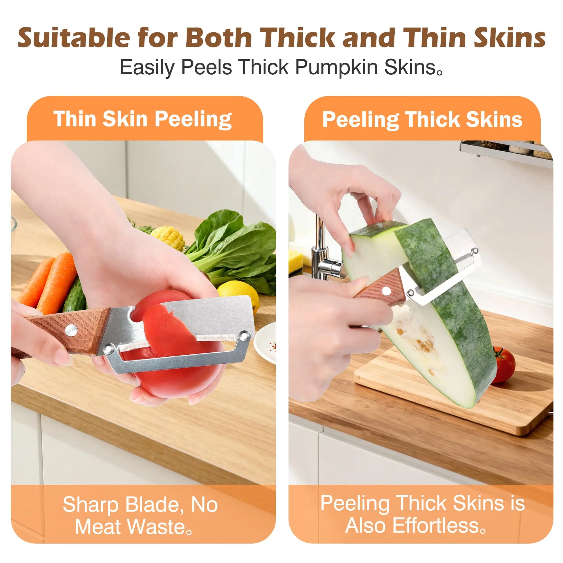 Set of 2 Ergonomic Wooden-Handled Vegetable and Fruit Peelers with Stainless Steel Blades and Integrated Bottle Opener