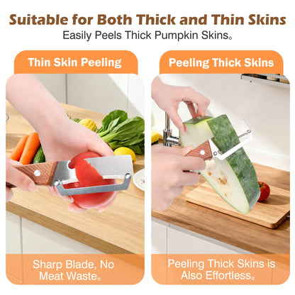 Set of 2 Ergonomic Wooden-Handled Vegetable and Fruit Peelers with Stainless Steel Blades and Integrated Bottle Opener