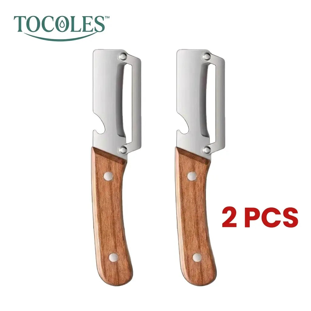 Set of 2 Ergonomic Wooden-Handled Vegetable and Fruit Peelers with Stainless Steel Blades and Integrated Bottle Opener