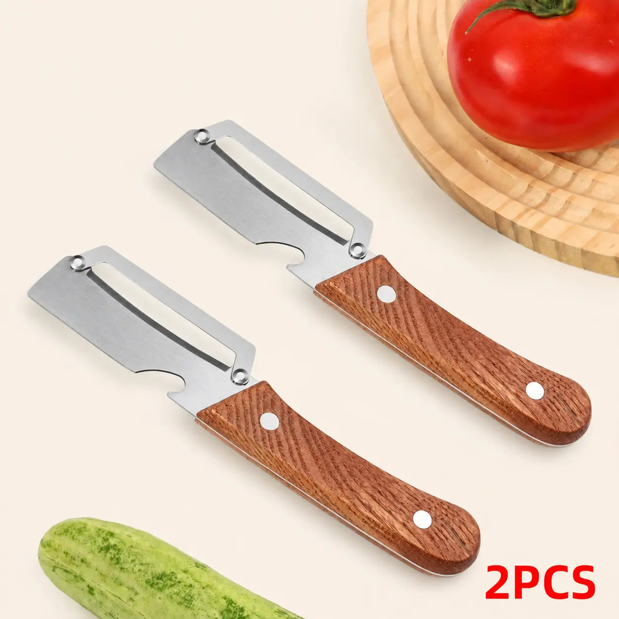 Set of 2 Ergonomic Wooden-Handled Vegetable and Fruit Peelers with Stainless Steel Blades and Integrated Bottle Opener