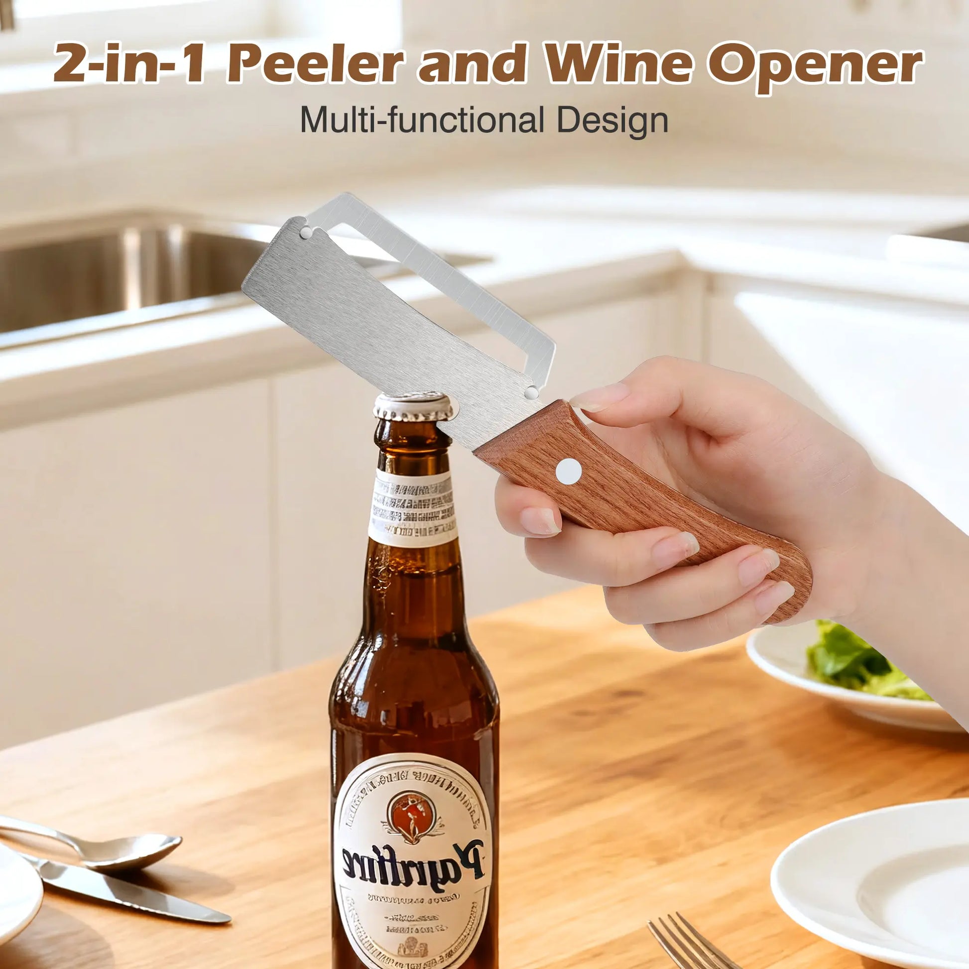 Set of 2 Ergonomic Wooden-Handled Vegetable and Fruit Peelers with Stainless Steel Blades and Integrated Bottle Opener