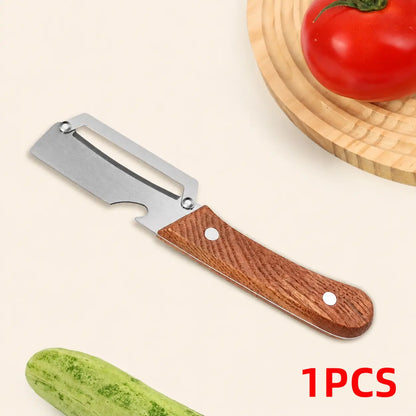 Set of 2 Ergonomic Wooden-Handled Vegetable and Fruit Peelers with Stainless Steel Blades and Integrated Bottle Opener
