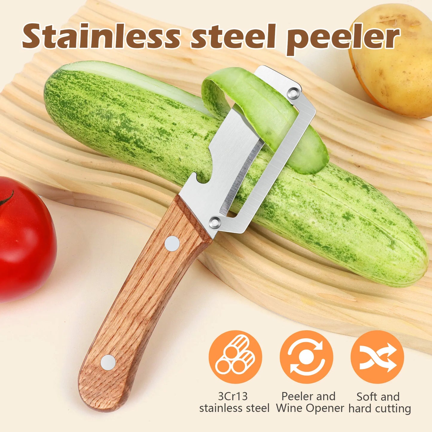 Set of 2 Ergonomic Wooden-Handled Vegetable and Fruit Peelers with Stainless Steel Blades and Integrated Bottle Opener