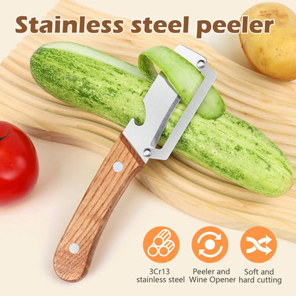 Set of 2 Ergonomic Wooden-Handled Vegetable and Fruit Peelers with Stainless Steel Blades and Integrated Bottle Opener